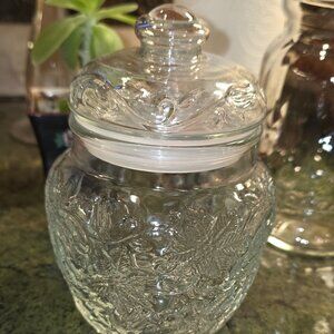 Vintage Pressed Glass Apothecary Jar w Lid – Floral Scroll